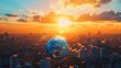 © Mentari - World Environment Day concept with a blue earth globe on a city background at sunset. International Project Management Day concept. Global business collaboration. International business. Globalization
