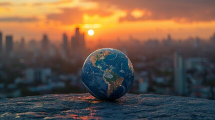 World Environment Day concept with a blue earth globe on a city background at sunset. International Project Management Day concept. Global business collaboration. International business. Globalization