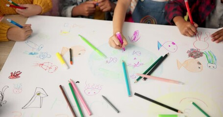 Poster - Children, group and hands drawing for creative project or school teamwork for art class, learning or lesson. Pencils, colouring and paper as friends with childhood development, Montessori or craft