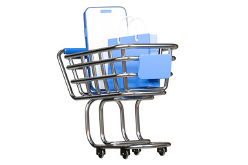 Poster - 3d Shopping cart with smartphone and shopping bag icon isolated on blue background. Online shopping delivery business e-commerce store and social media application concept. Minimal design. 3D render.
