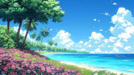 Wall Mural - Coastal paradise with colorful flowers, lush green trees, and crystal blue ocean under a bright, clear sky with fluffy white clouds