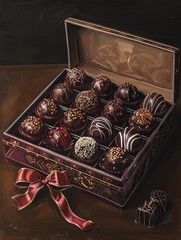Aufkleber - A detailed painting of a luxurious box of chocolate truffles with decorative ribbons on a table. Generative AI