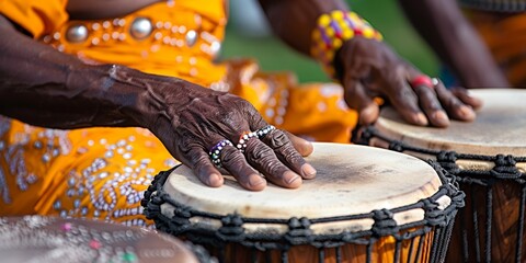 A vibrant close-up photograph capturing the intricate details of two individuals skillfully playing traditional hand drums adorned with colorful beads