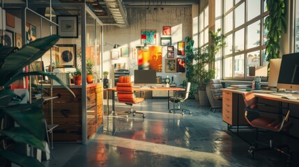 Wall Mural - Modern industrial-style office with open layout, large windows, natural light, and various desks, chairs, computers, and vibrant interior decor including plants and wall art