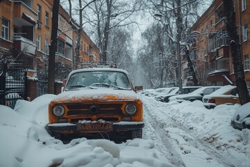 old yellow car covered in snow parked on a snowy street between two rows of apartment buildings duri