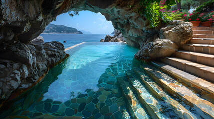 Wall Mural - Inviting Pool: Steps Leading Down to Clear Blue Water