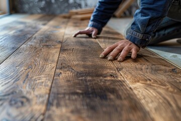 A man is laying on the floor, working on a wooden floor. The floor is made of wood and has a brown color