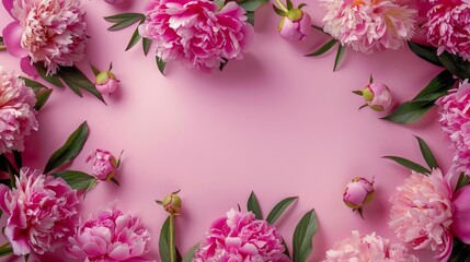 Wall Mural - Frame made of beautiful peony flowers on pink background. Flat lay, copy space, summer flowers