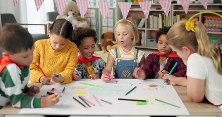 Poster - Children, friends and art drawing in classroom for student education, teamwork or project. Boys, girls and coloring pencil at desk for back to school or creative lesson or development, talk or youth