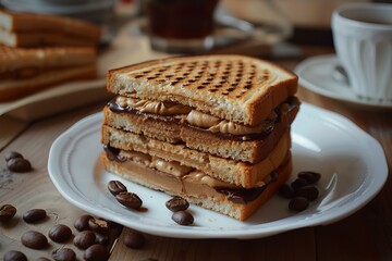 Sticker - Plate of toast layered with peanut butter and chocolate spread, surrounded by coffee beans