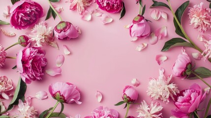 Canvas Print - Frame made of beautiful peony flowers on pink background. Flat lay, copy space, summer flowers