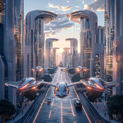 Wall Mural - futuristic city with futuristic flying vehicles and futuristic buildings