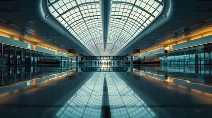 Wall Mural - Aerial view of a busy airport terminal with planes parked at gates, resembling a kaleidoscope pattern, showcasing modern aviation infrastructure.