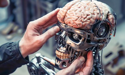 Poster - A human placing brain inside the skull of robot, machine learning and artificial intelligence concept background.