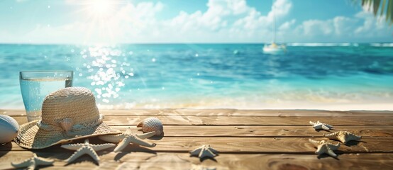 Wall Mural - Beach background with shell accessories, starfish and straw hats on wooden floor.