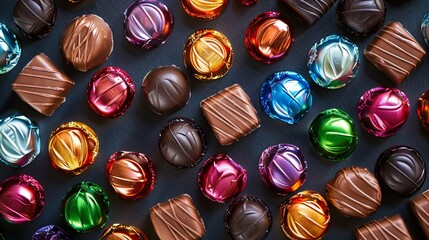 Aufkleber - Various types of colorful chocolates in shiny wrappers spread out on a table. Generative AI