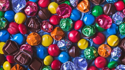 Aufkleber - Close up view of many different colored chocolate candies with vibrant colors and shiny wrappers. Generative AI
