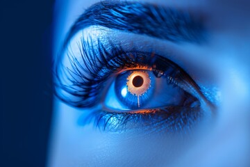 Poster - Intense blue eye reflecting the dynamic urban pulse, capturing a moment of vibrant city life under a clear night sky