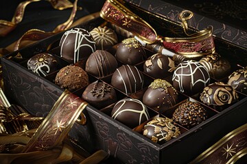 Aufkleber - Elegant box of chocolate truffles adorned with rich dark ribbon. Generative AI