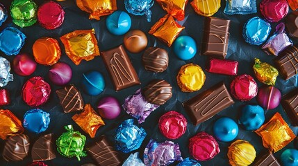 Aufkleber - Various types of vibrant, shiny candies filling a table, creating a colorful display. Generative AI