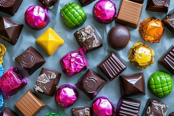 Aufkleber - Assorted colorful chocolate candies spread out on a table, showcasing vibrant colors and shiny wrappers. Generative AI
