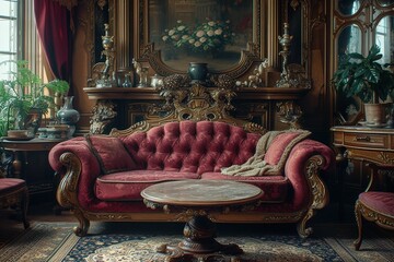 Wall Mural - Victorian-era parlor decor with ornate furniture and rich, luxurious fabrics.