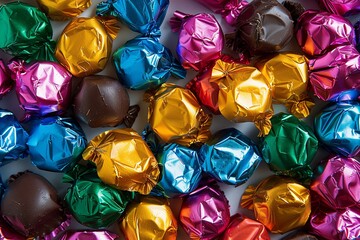 Aufkleber - A variety of colorful chocolate candies stacked on top of each other, showcasing vibrant colors and shiny wrappers. Generative AI