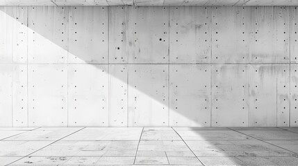 Wall Mural - A large, empty room with a white wall and a grey ceiling. The wall is covered in white paint and has a few holes in it