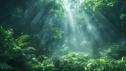 Wall Mural - A lush green forest with sunlight filtering through the dense canopy, creating a magical glow on the forest floor.