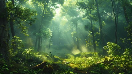 A lush green forest with sunlight filtering through the dense canopy, creating a magical glow on the forest floor.