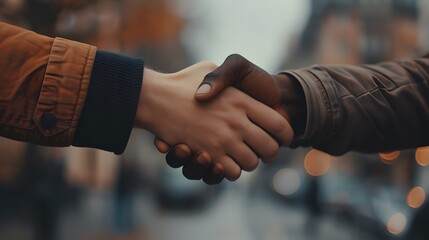 A firm handshake between two adult men of different ethnicities outdoors, symbolizing agreement and partnership.