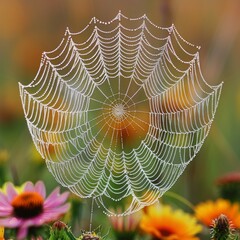 Close-up photograph of a delicate spider web adorned with morning dew, beautifully suspended among vibrant flowers in a serene field