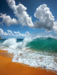 Wall Mural - Stunning Coastal Scene: Crystal Clear Waves Crashing on Golden Sandy Beach Under a Vibrant Blue Sky with Fluffy White Clouds