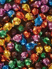 Poster - Colorful chocolate candies with shiny wrappers spread out on a table, displaying a variety of vibrant colors and high detail. Generative AI