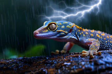 Wall Mural - A small orange and white lizard is sitting on a rock in the rain