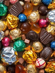 Aufkleber - Various types of colorful chocolate candies spread out on a table, showcasing vibrant colors and shiny wrappers. Generative AI