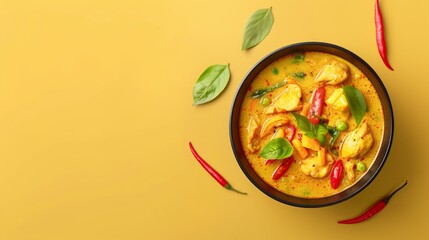 Wall Mural - Traditional Thai curry spicy food with chilies, cream soup hot dish copy space