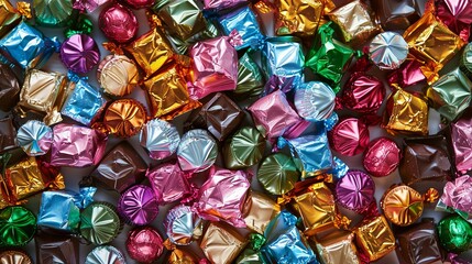 Aufkleber - Colorful assortment of chocolate candies wrapped in shiny foil in a scattered pile. Generative AI