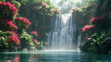 Wall Mural - A tropical rainforest with dense foliage, exotic flowers, and a waterfall flowing into a hidden pool.