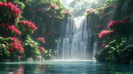 Poster - A tropical rainforest with dense foliage, exotic flowers, and a waterfall flowing into a hidden pool.