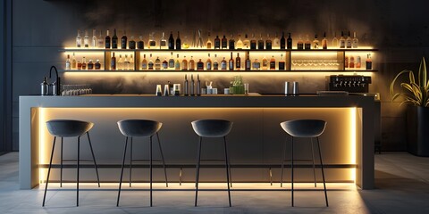 Wall Mural - sleek modern bar counter with high stools and illuminated shelves filled with various liquor bottles