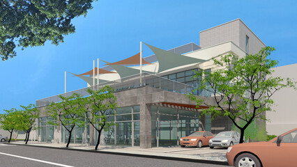 street in the city, 3d architectural illustration street view of modern restaurant building with exterior terrace