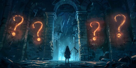 Wall Mural - Fantasy Adventure Scene with Character Facing Glowing Question Marks in Mysterious Ruins