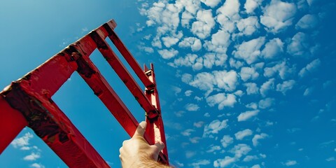 Wall Mural - Hand reaching red ladder towards blue sky with clouds, symbolizing growth, development, career aspirations