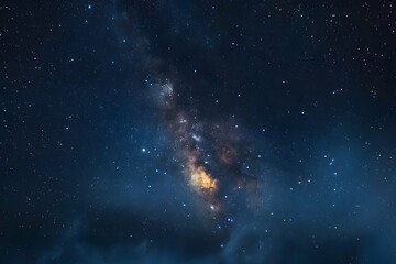 Wall Mural - stunning star filled night sky with milky way galaxy, deep blue hues, twinkling stars over silhouett