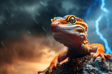 Wall Mural - A small orange and white lizard is sitting on a rock in the rain