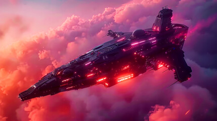 Wall Mural - Futuristic sci-fi spaceship cruising above pink clouds near sunset, glowing advanced exploration vehicle, alien atmosphere