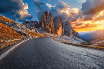 Mountain road at colorful sunset in summer. Dolomites, Italy. Beautiful curved roadway, rocks, stones, blue sky with clouds. Landscape with empty highway. Travel - generative ai