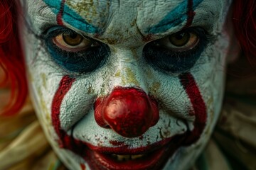 Poster - Closeup of a menacing clown with detailed face paint and piercing gaze