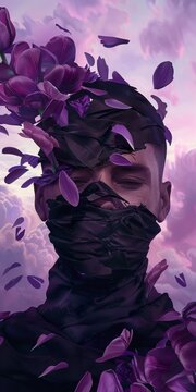 A man's face is covered in purple leaves, giving the impression of a flower